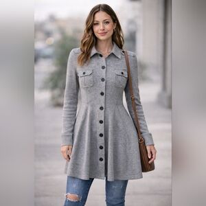 Free People Gray Military Button Front Fit & Flare Sweater Dress Jacket Sz S